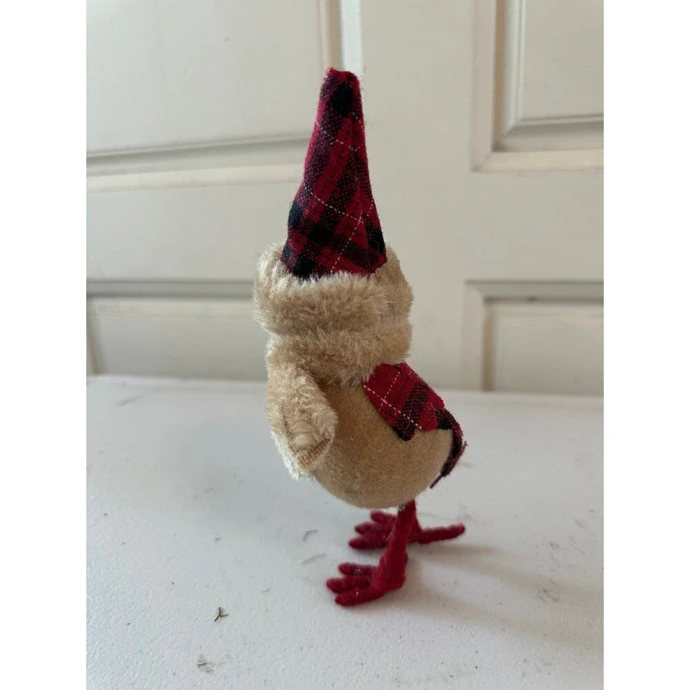 Holiday Christmas Standing Bird Chick Fuzzy Scarf Plaid Hat Shelf Sitter